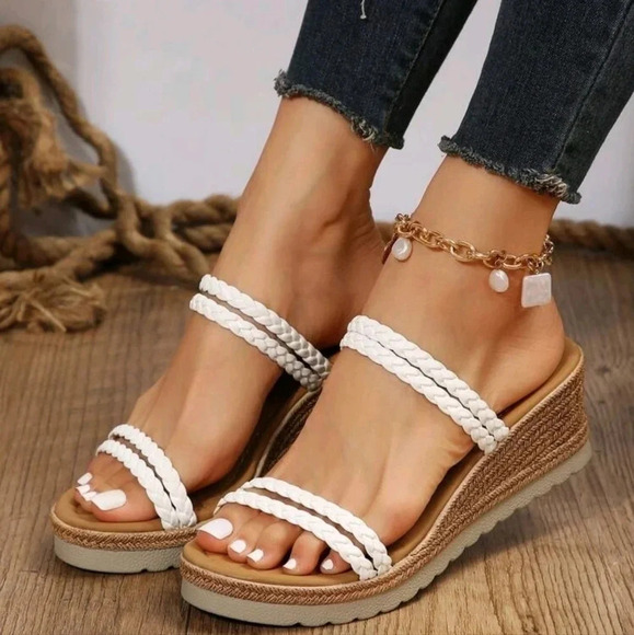 Shoes - Vacation White Sandals For Women, Braided Detail Wedge Slide Sandals